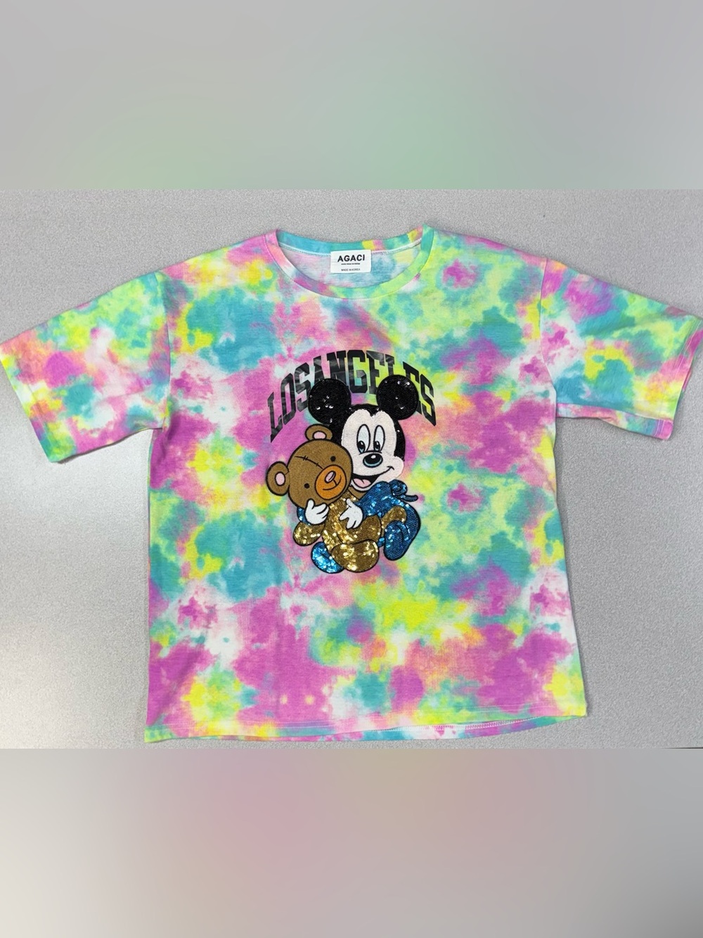 AGACI Mickey Mouse Tie Dye T-Shirt Los Angeles Sequin Embellished Short Sleeve